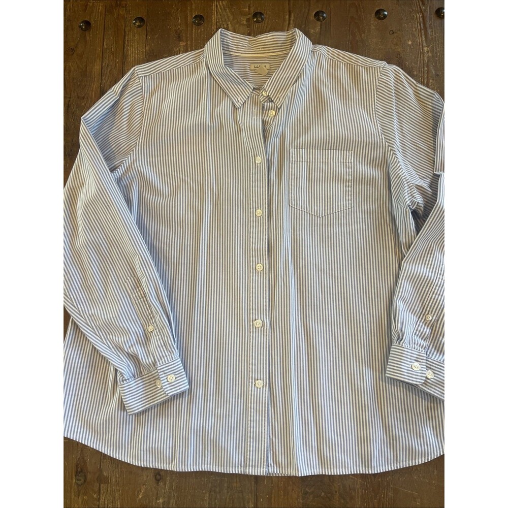 Womens LL Bean Pin Stripe Button Long Sleeve Shirt Blue White XL Organic Cotton